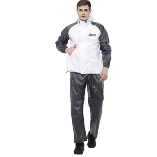Men White & Grey Solid Hypa Dry Hooded Rain Suit